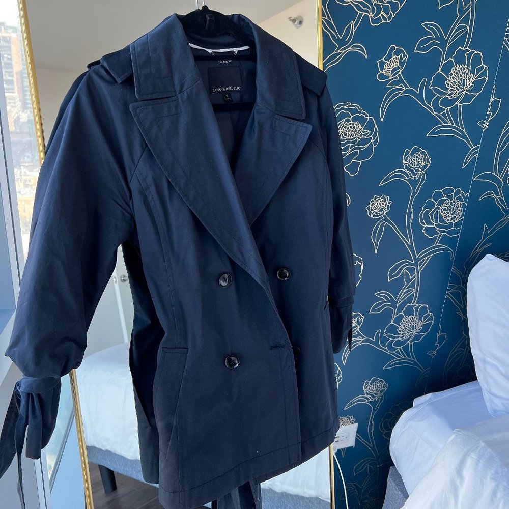 Banana Republic Navy Blue Double Breasted Jacket with Bow Sleeve Detail